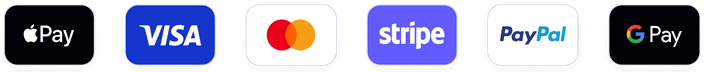 Accepted payment methods: Apple Pay, Visa, Mastercard, Stripe, PayPal, and Google Pay